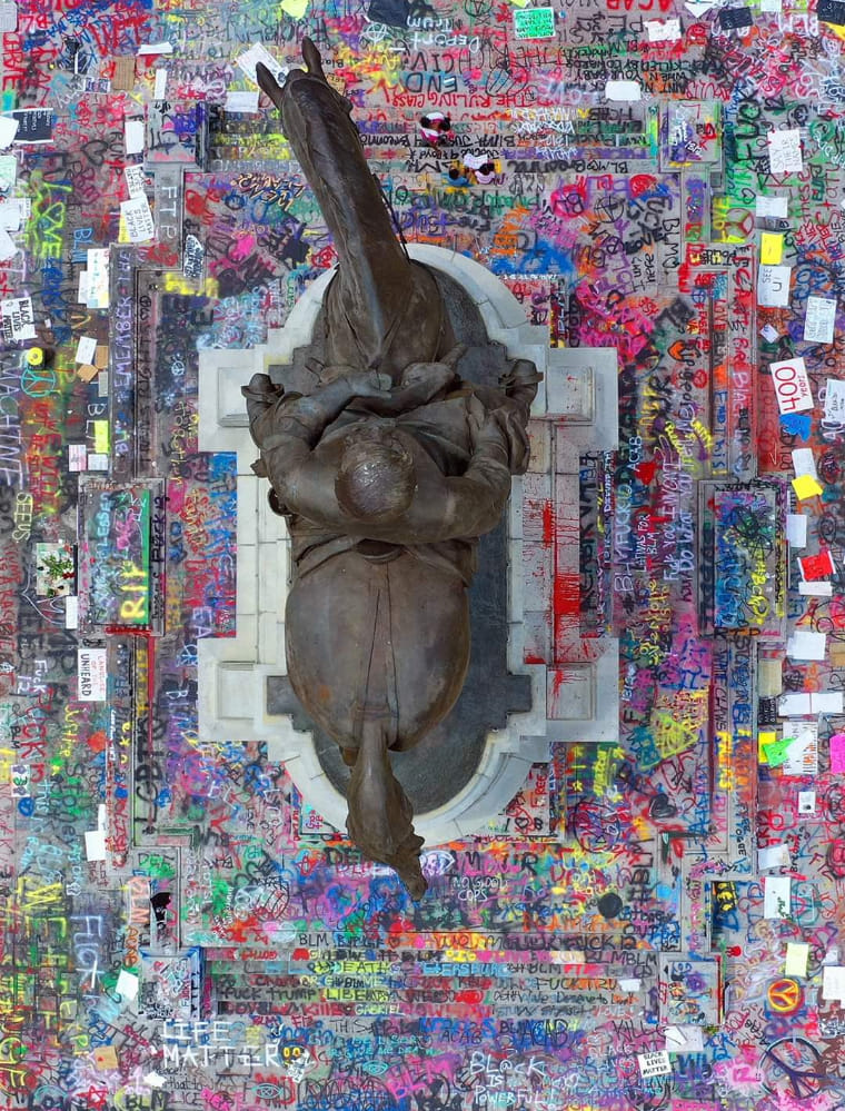 Aerial view of Robert E. Lee statue in Richmond, VA, with graffiti from Black Lives Matter protests